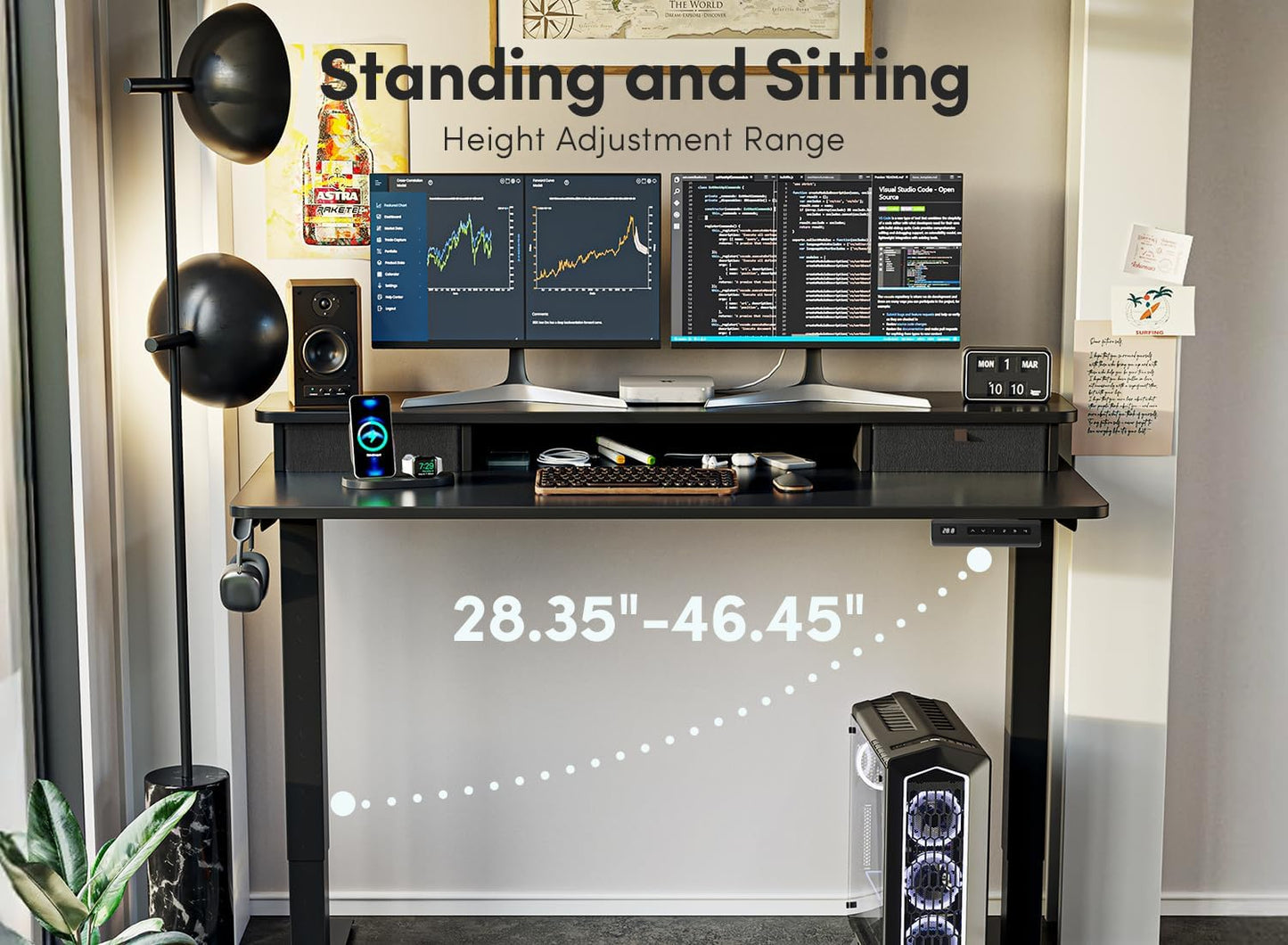 40 X 24 Inch Height Adjustable Electric Standing Desk with Double Drawer, Computer Desk, Home Office Stand up Table with 4 Height-Adjustable Feets & 2 Hooks, Black