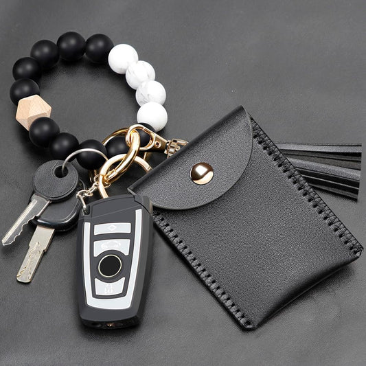 Keychain Bracelet Wristlet, Silicone Beaded Key Ring Bracelet with Card Wallet, Elastic Keyring Bangle for Womens
