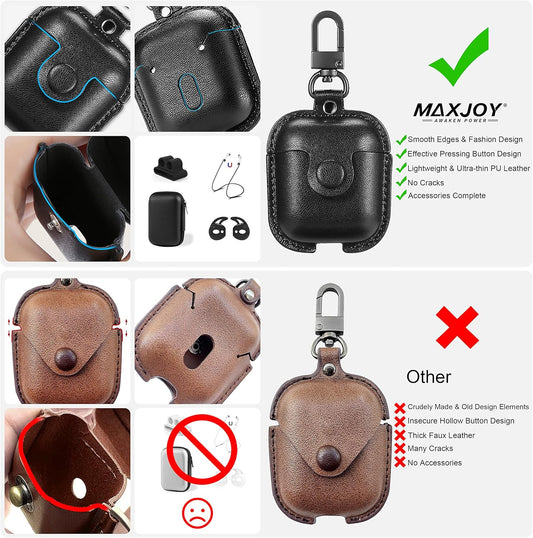 Compatible Airpods Case, Leather Airpods Cover 5 in 1 Protective Case with Keychain/Ear Hooks/Airpods Strap/Watch Band Holder/Earpods Case Compatible with Apple Airpods 2&1 Charging Case, Black
