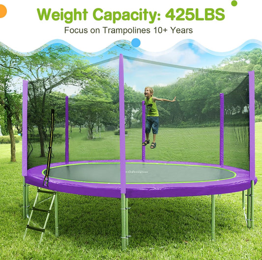1500LBS Weight Capacity No-Gap Design 16 15 14 12FT Trampoline for Kids with Safety Enclosure Net Outdoor Backyards Trampolines with Non-Slip Ladder for Children Adults Family