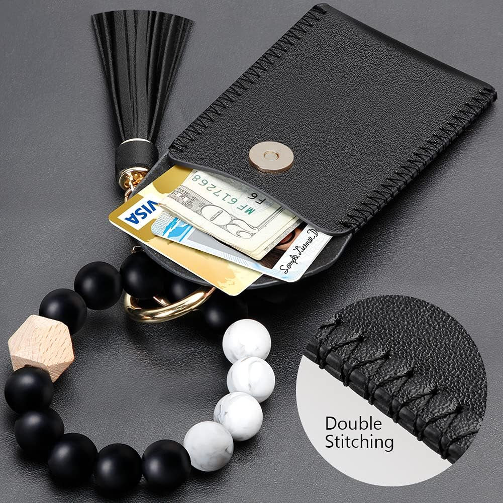 Keychain Bracelet Wristlet, Silicone Beaded Key Ring Bracelet with Card Wallet, Elastic Keyring Bangle for Womens