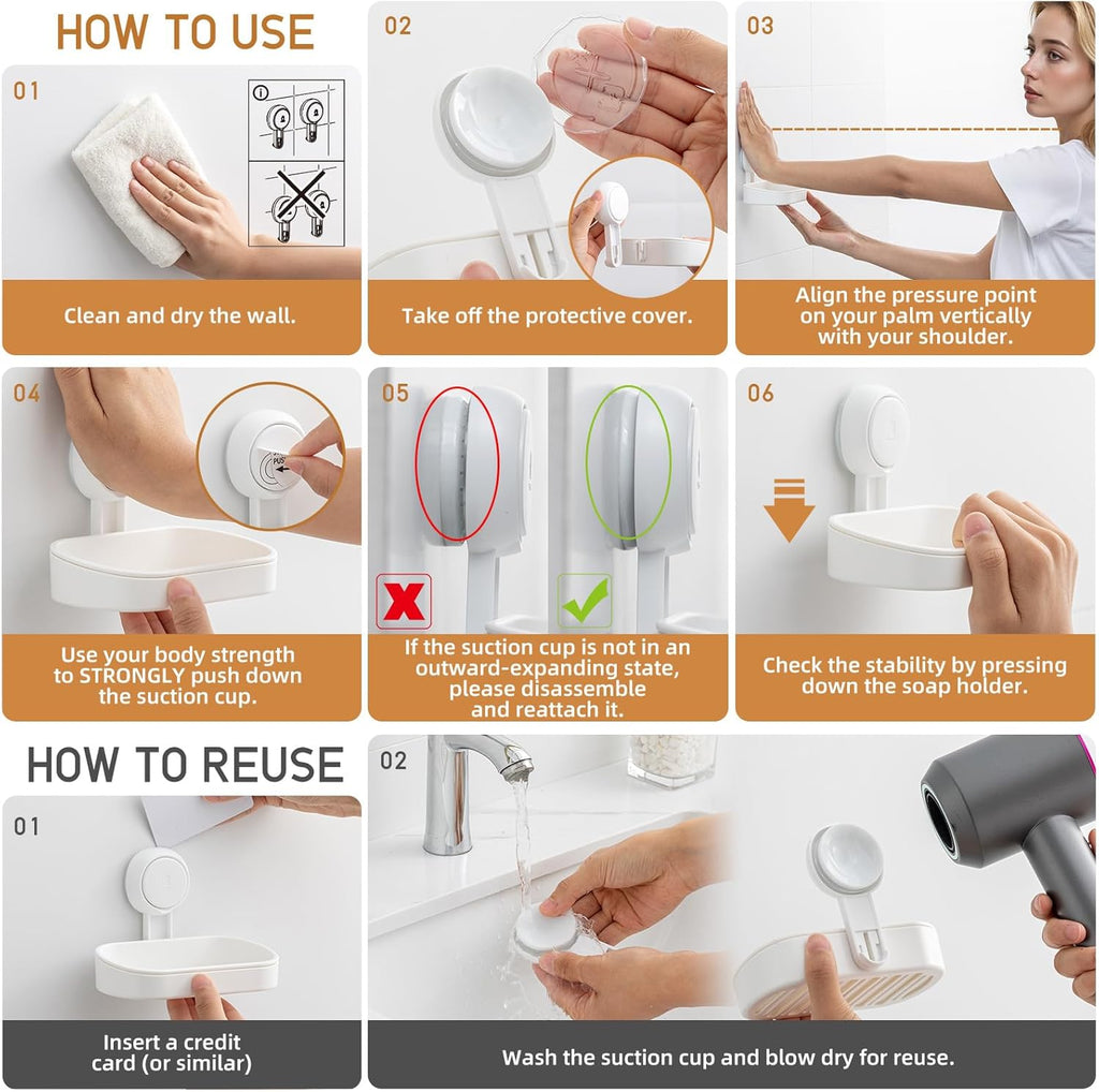 Soap Dish Holder for Shower Suction Cup Wall Mounted Self Draining No-Drilling Removable Bar Soap Sponge Holder for Bathroom Bathtub Kitchen Sink Waterproof Strong Vacuum Suction Adhesion