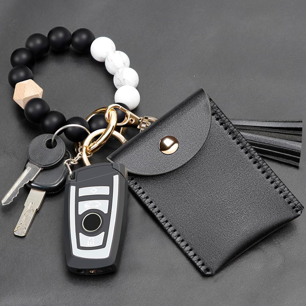 Keychain Bracelet Wristlet, Silicone Beaded Key Ring Bracelet with Card Wallet, Elastic Keyring Bangle for Womens