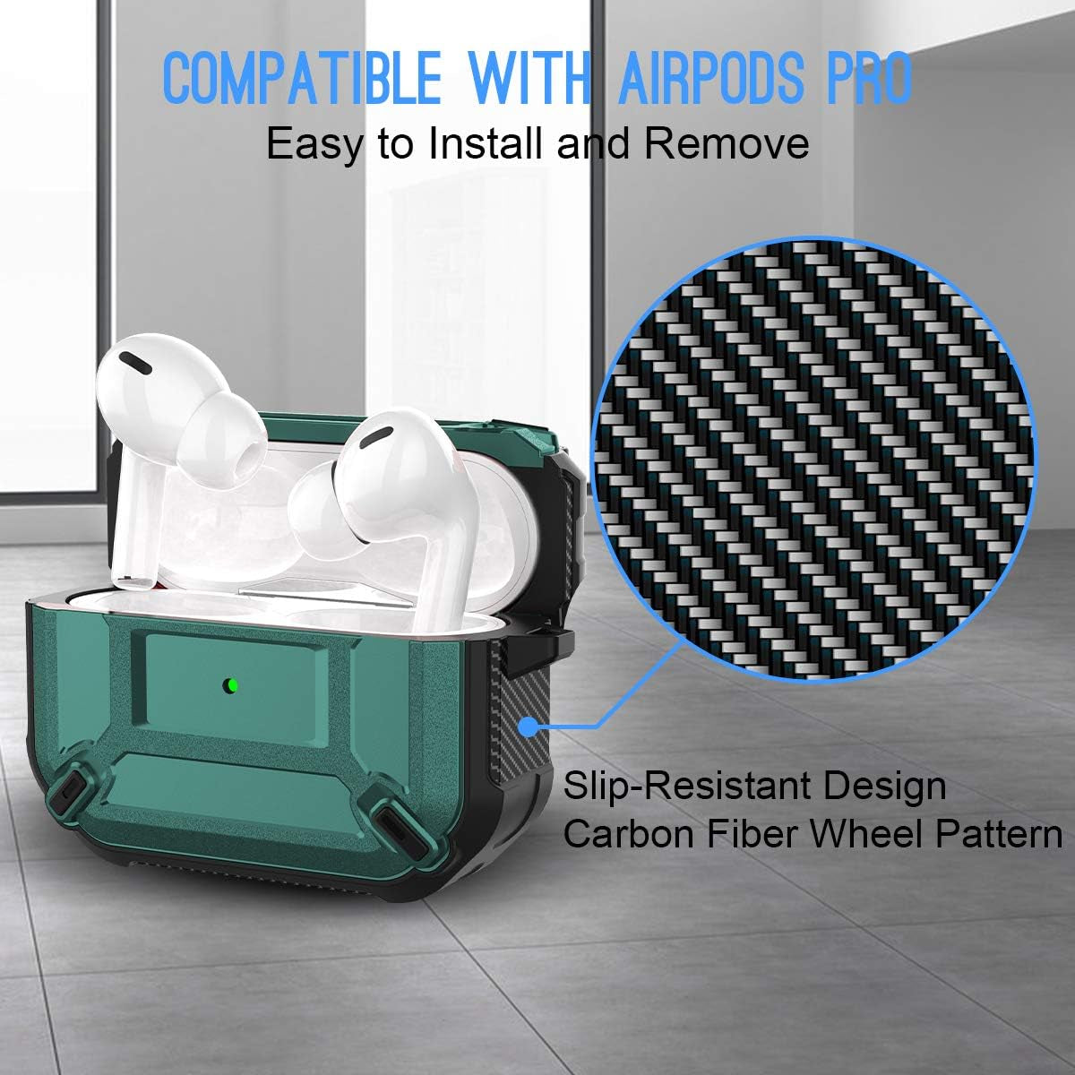 Compatible Airpods Pro Case Cover, Airpods Pro Protective Case Armor Hard Rugged Shockproof Cover with Keychain Compatible with Apple Airpods Pro Charging Case (Front LED Visible), Green