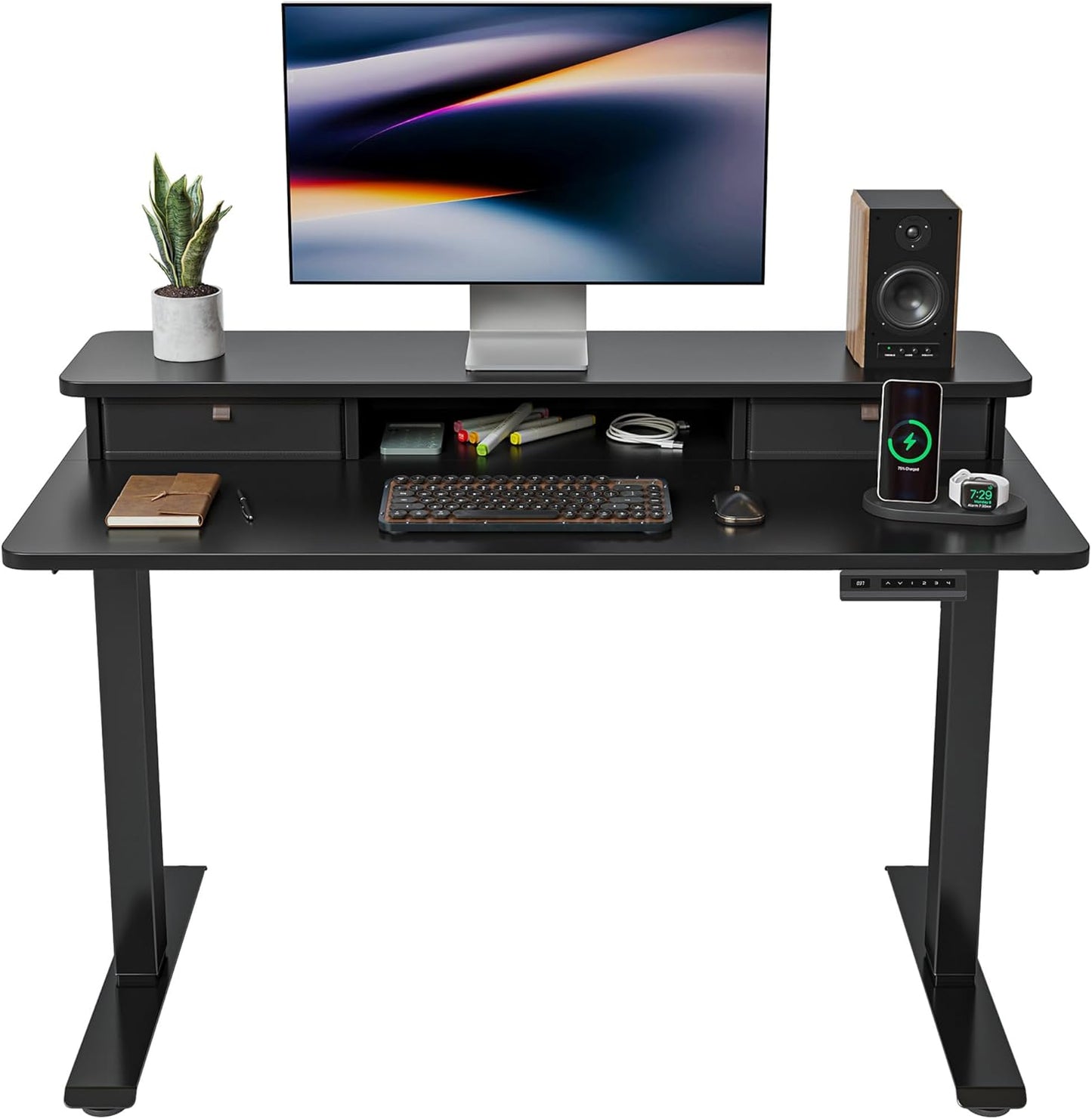 40 X 24 Inch Height Adjustable Electric Standing Desk with Double Drawer, Computer Desk, Home Office Stand up Table with 4 Height-Adjustable Feets & 2 Hooks, Black