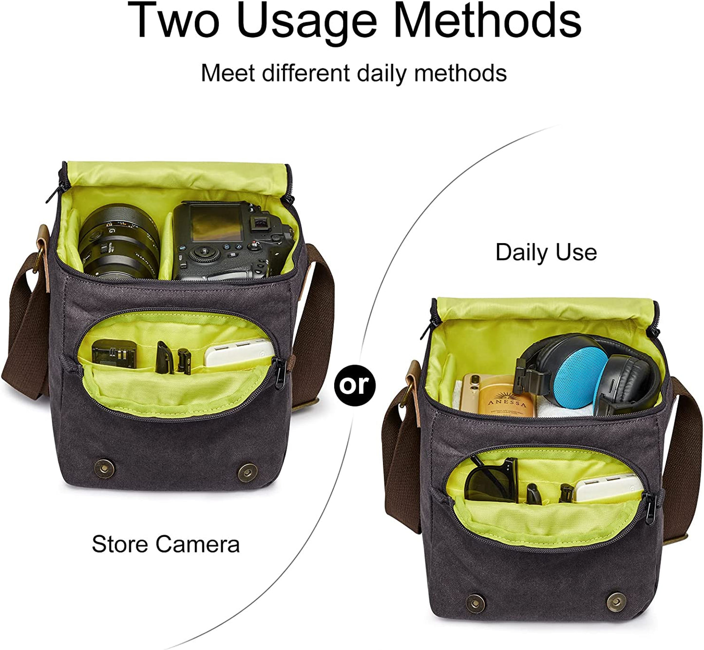 Waterproof Camera Bags for DSLR Canon Canvas Vintage Shoulder Women Men Camera Messenger Bag Leather Trim(Grey)