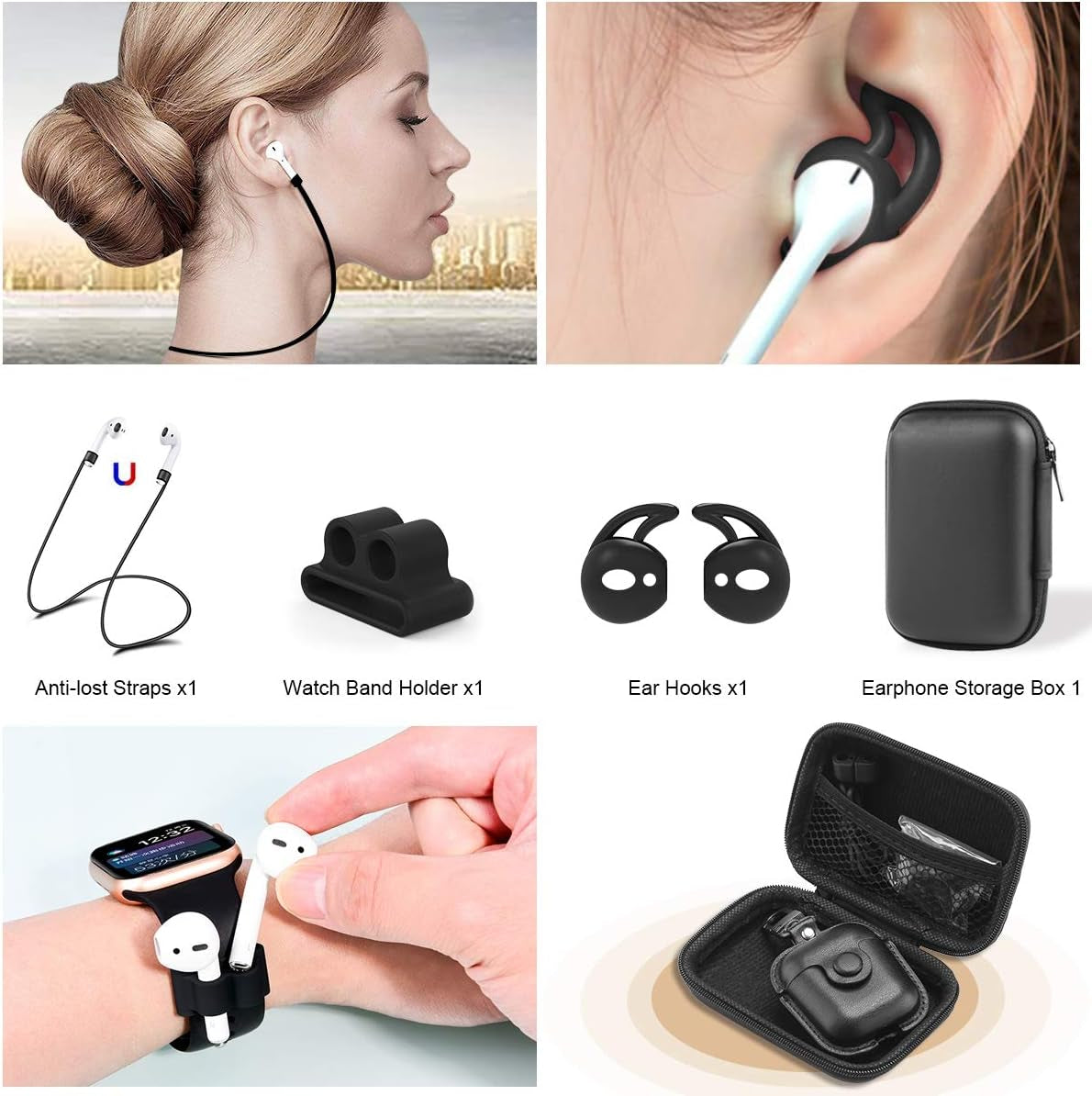 Compatible Airpods Case, Leather Airpods Cover 5 in 1 Protective Case with Keychain/Ear Hooks/Airpods Strap/Watch Band Holder/Earpods Case Compatible with Apple Airpods 2&1 Charging Case, Black
