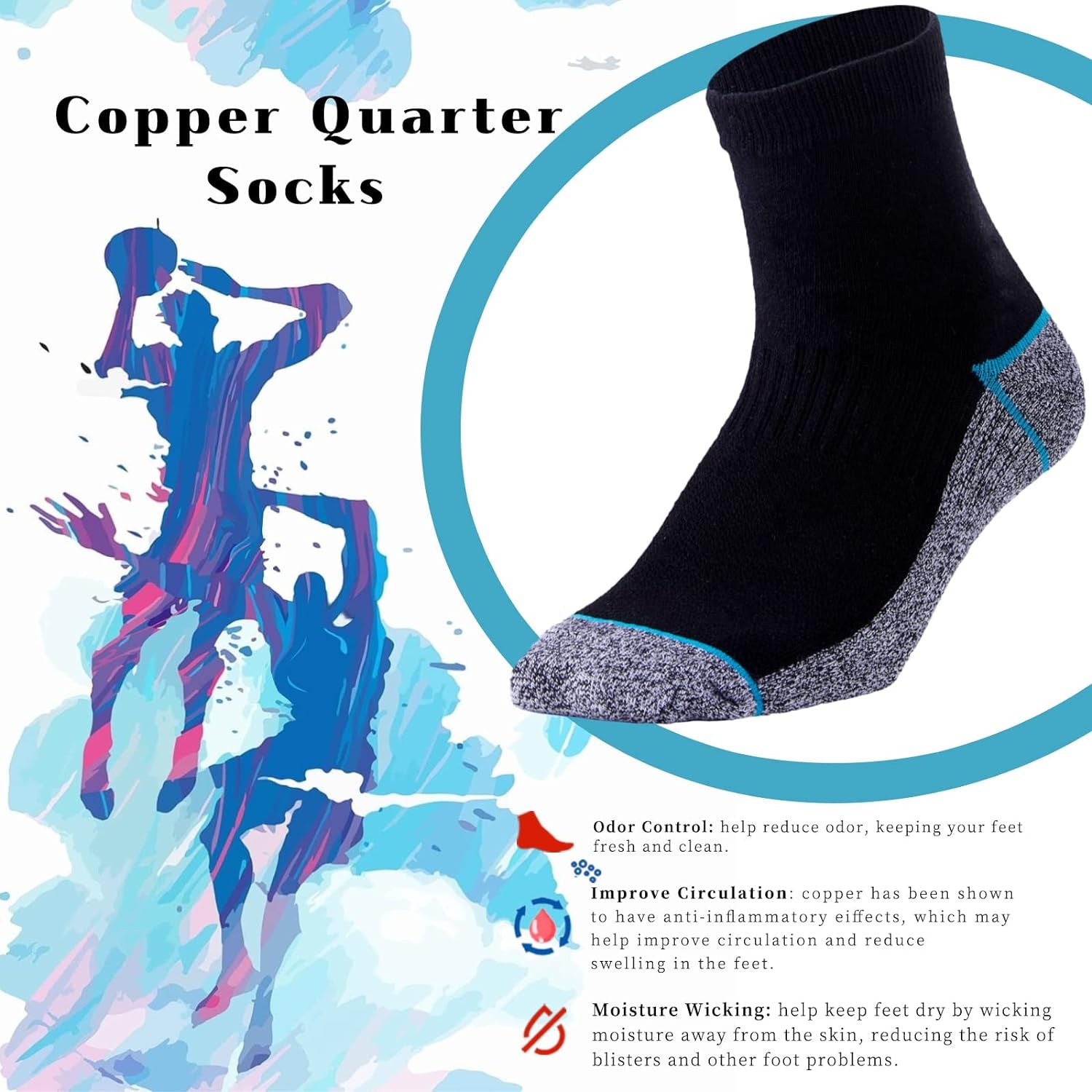 Copper Infused Quarter Socks Improve Foot Health Odor Control with Moisture Wicking Durable Comfortable Fit