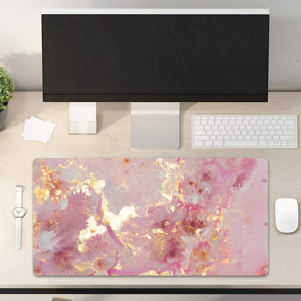 Large Mouse Pad, Cute Pink Desk Mat for Desktop, Women Girls PU Leather Desk Pad Waterproof Gaming Mousepad, Rose Gold Marble Computer Protector Writing Pad for School Office Home 31.5" X 15.7"