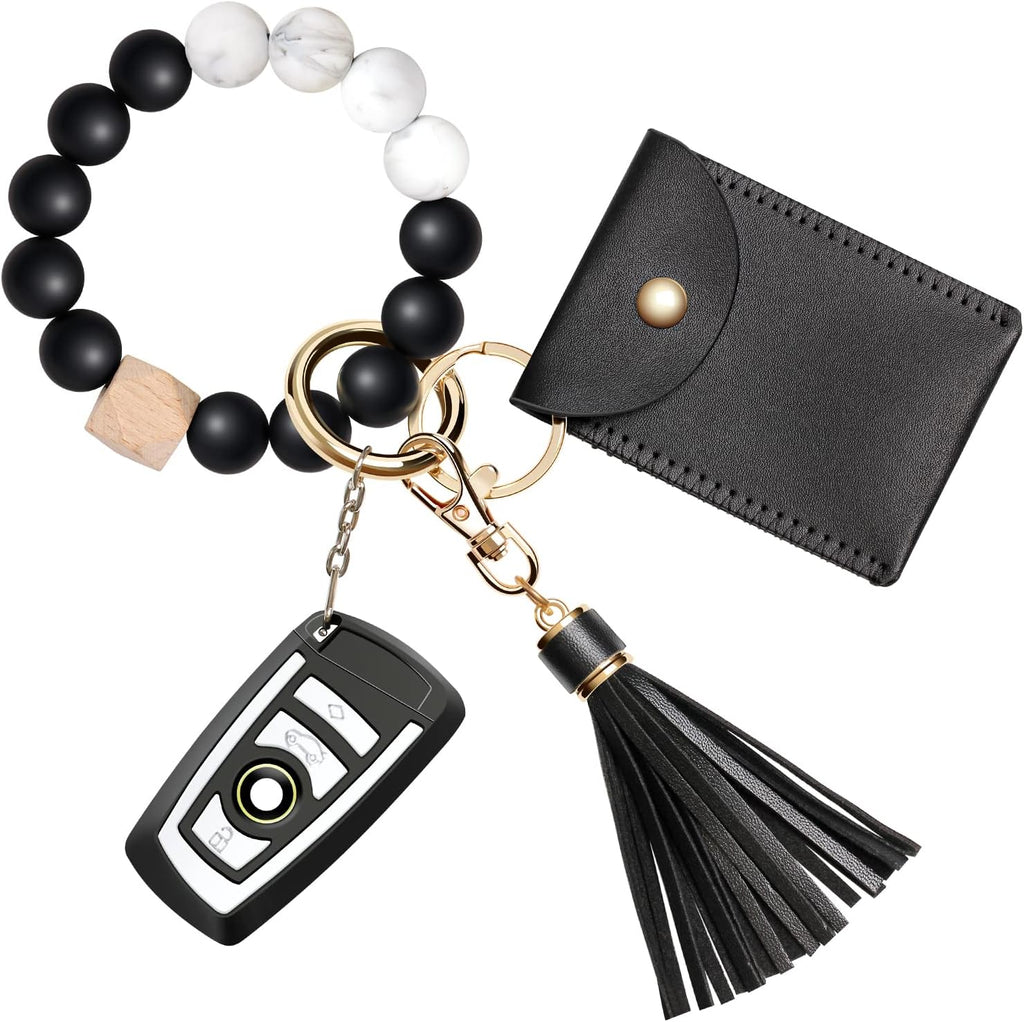 Keychain Bracelet Wristlet, Silicone Beaded Key Ring Bracelet with Card Wallet, Elastic Keyring Bangle for Womens