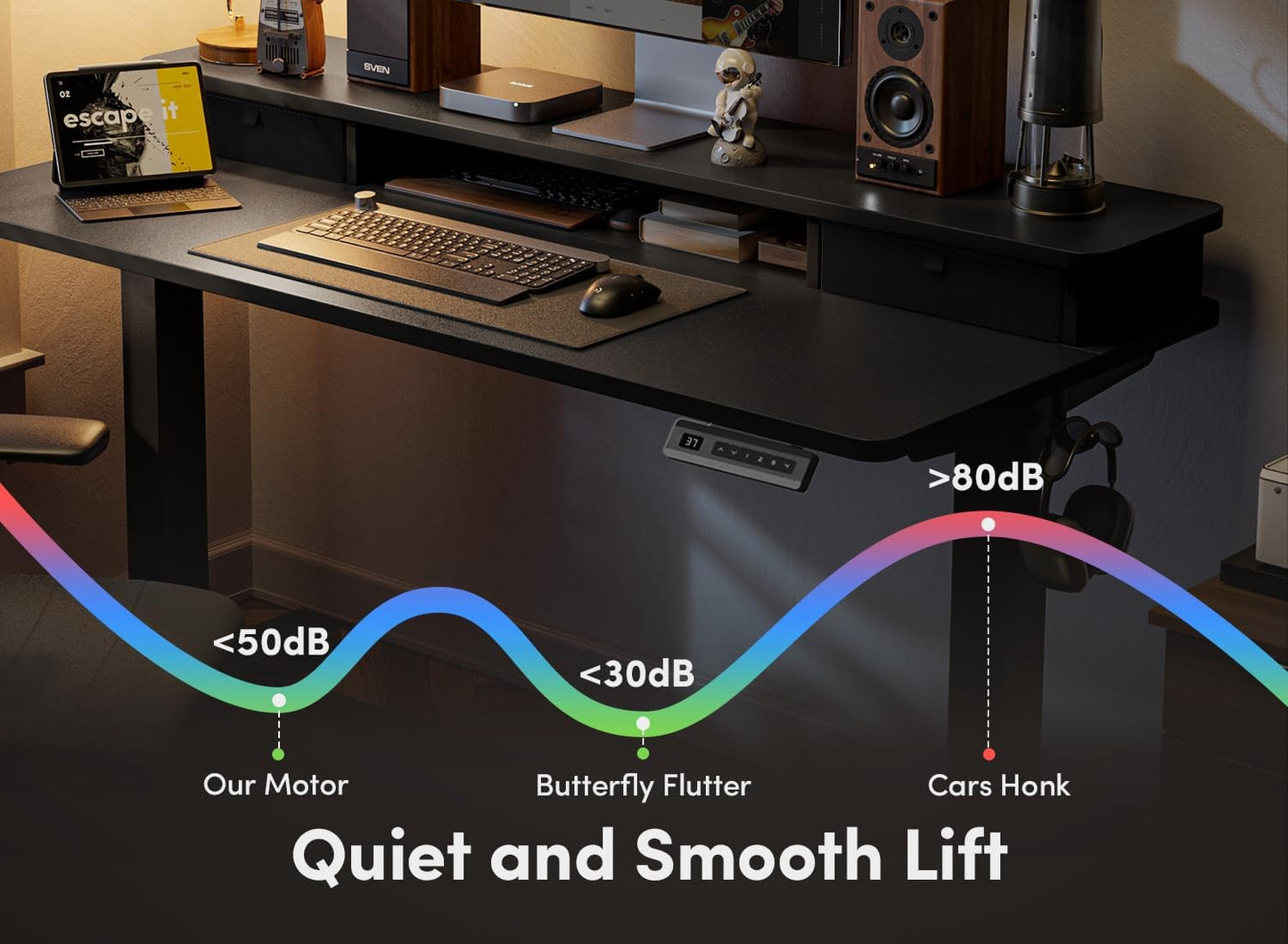 40 X 24 Inch Height Adjustable Electric Standing Desk with Double Drawer, Computer Desk, Home Office Stand up Table with 4 Height-Adjustable Feets & 2 Hooks, Black