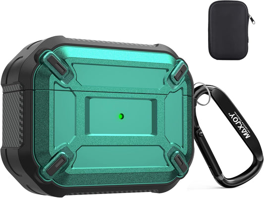 Compatible Airpods Pro Case Cover, Airpods Pro Protective Case Armor Hard Rugged Shockproof Cover with Keychain Compatible with Apple Airpods Pro Charging Case (Front LED Visible), Green