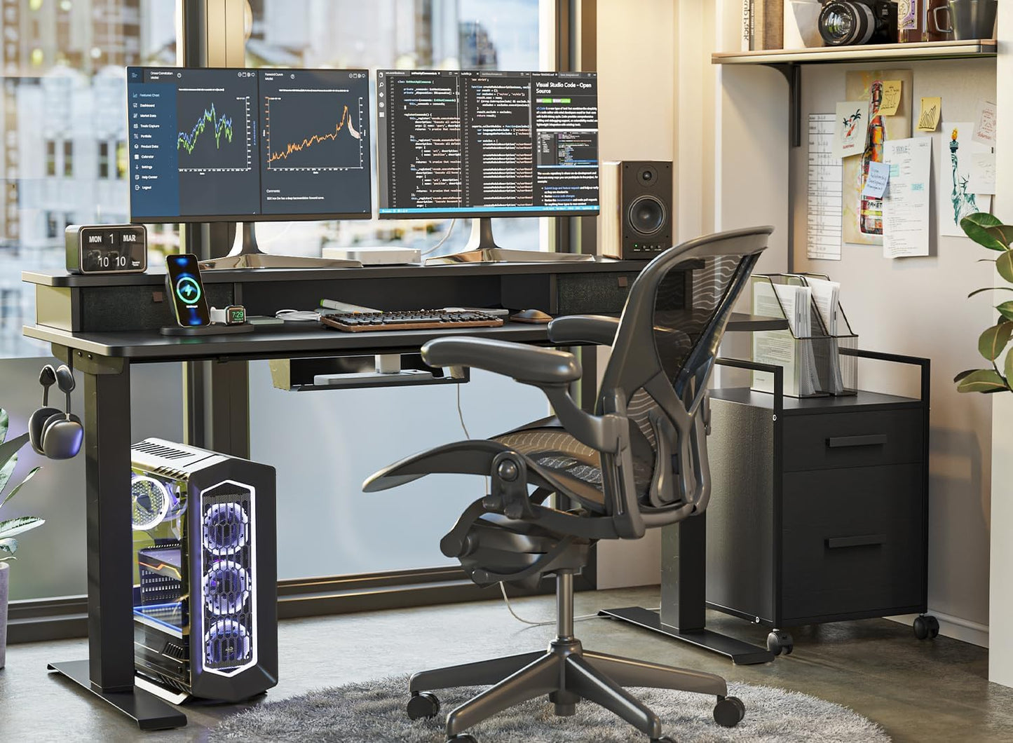 40 X 24 Inch Height Adjustable Electric Standing Desk with Double Drawer, Computer Desk, Home Office Stand up Table with 4 Height-Adjustable Feets & 2 Hooks, Black