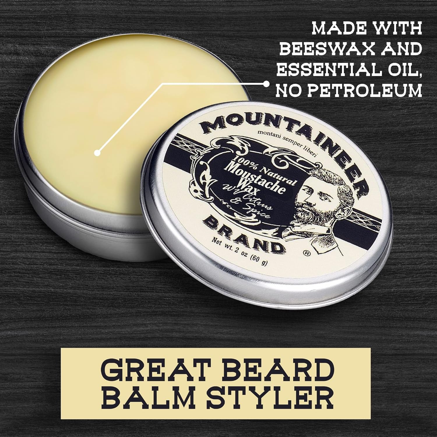 Natural Mustache Wax | Citrus & Spice Scent | Made in West Virginia | Long Lasting Hold | Smooths, Conditons, Styles | Organic Moustache Balm | 2Oz