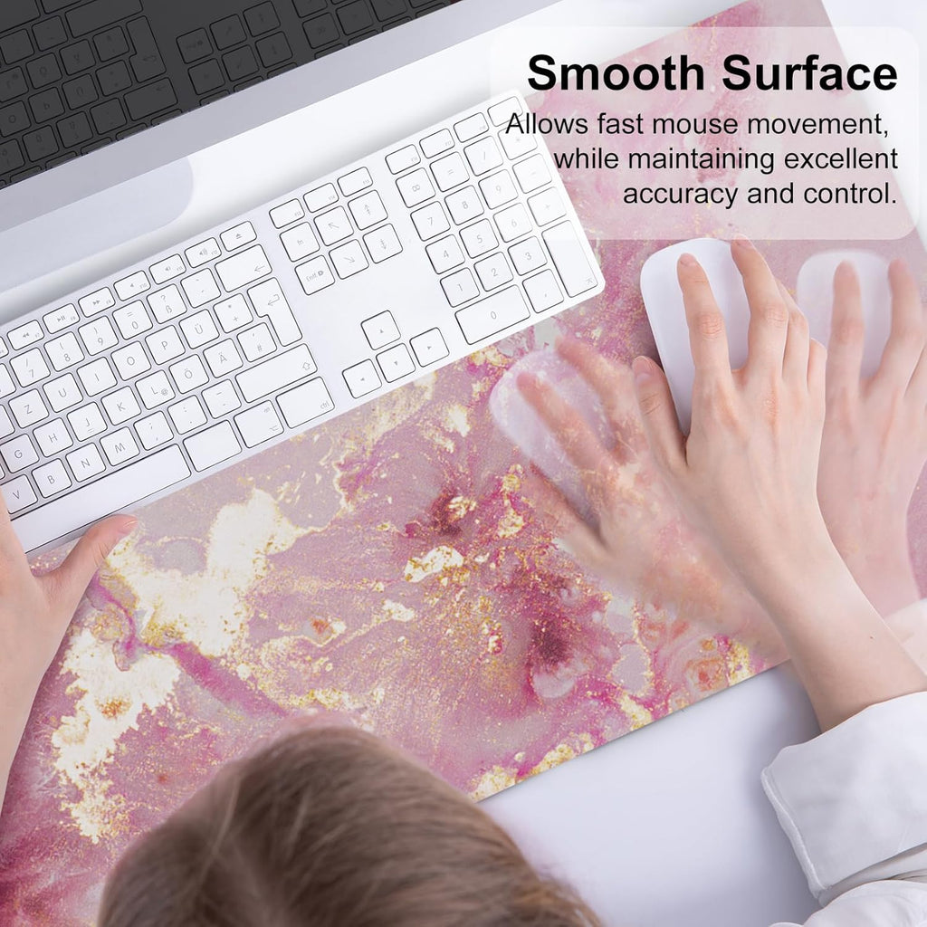 Large Mouse Pad, Cute Pink Desk Mat for Desktop, Women Girls PU Leather Desk Pad Waterproof Gaming Mousepad, Rose Gold Marble Computer Protector Writing Pad for School Office Home 31.5" X 15.7"