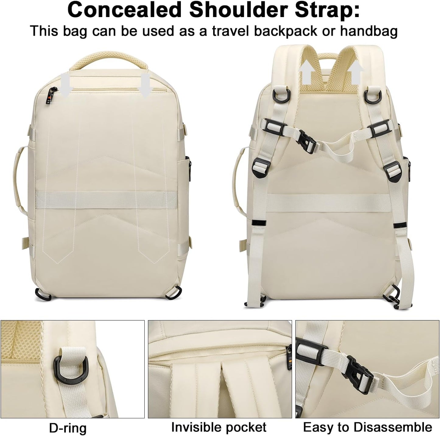 30L Travel Backpack for Women Men,Fit 15.6 Inch Laptop Backpack Flight Approved Luggage Carry on Water Resistant for Weekender Overnight Large Daypack Beige