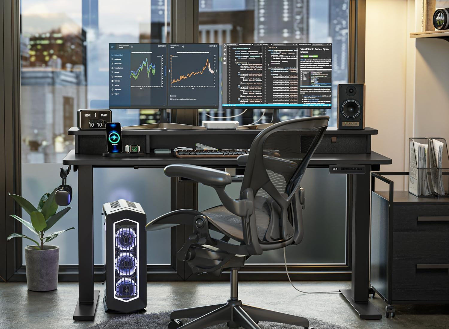 40 X 24 Inch Height Adjustable Electric Standing Desk with Double Drawer, Computer Desk, Home Office Stand up Table with 4 Height-Adjustable Feets & 2 Hooks, Black