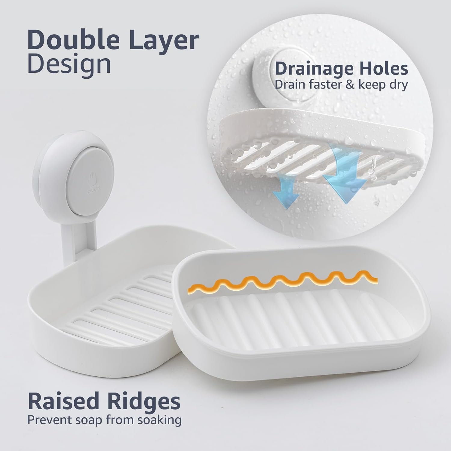 Soap Dish Holder for Shower Suction Cup Wall Mounted Self Draining No-Drilling Removable Bar Soap Sponge Holder for Bathroom Bathtub Kitchen Sink Waterproof Strong Vacuum Suction Adhesion