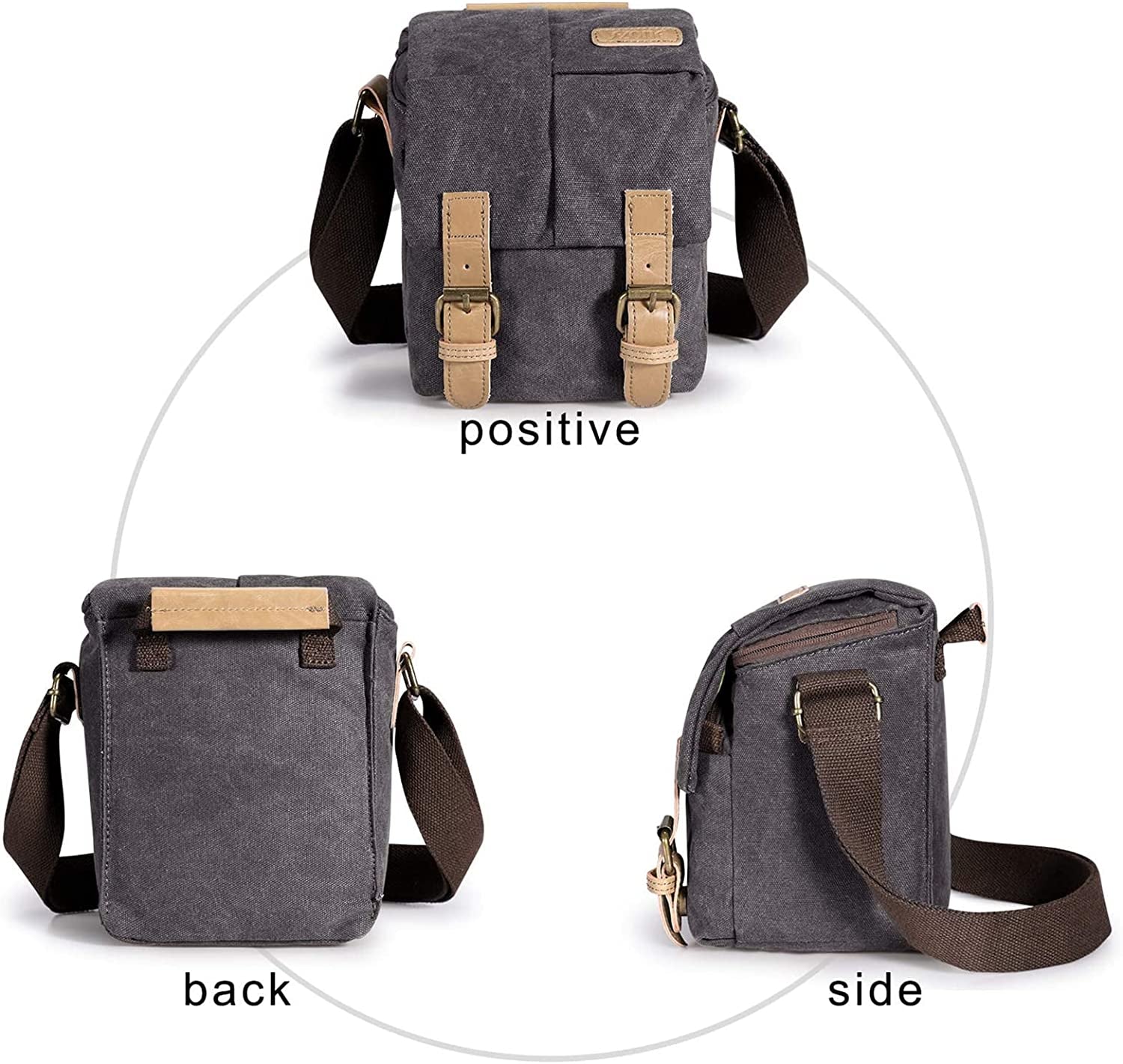 Waterproof Camera Bags for DSLR Canon Canvas Vintage Shoulder Women Men Camera Messenger Bag Leather Trim(Grey)