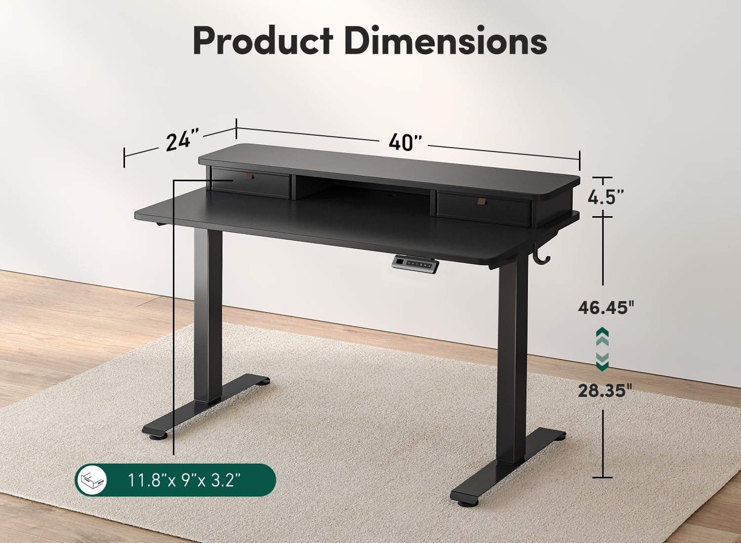 40 X 24 Inch Height Adjustable Electric Standing Desk with Double Drawer, Computer Desk, Home Office Stand up Table with 4 Height-Adjustable Feets & 2 Hooks, Black