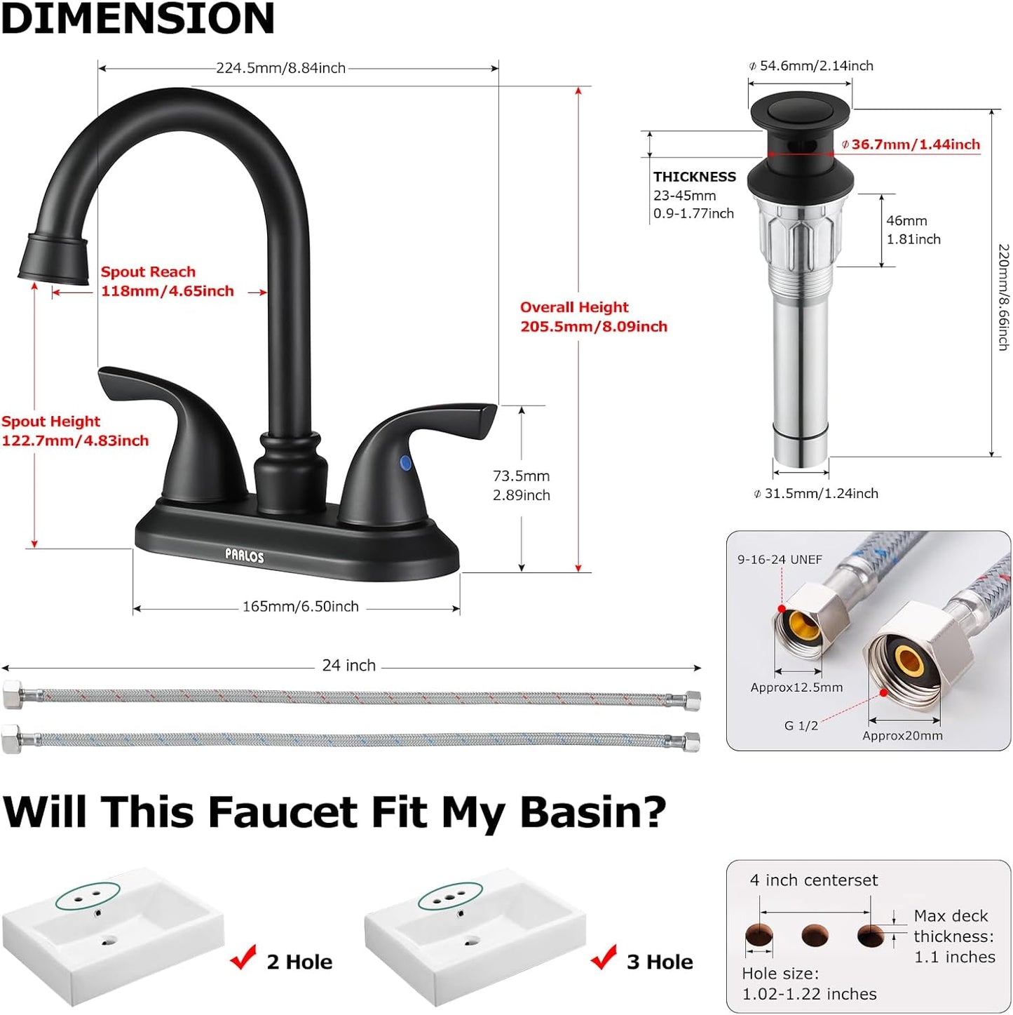 2-Handle Bathroom Faucet with Metal Drain Assembly & Supply Lines NSF Cupc Certified, Matte Black, 1359104