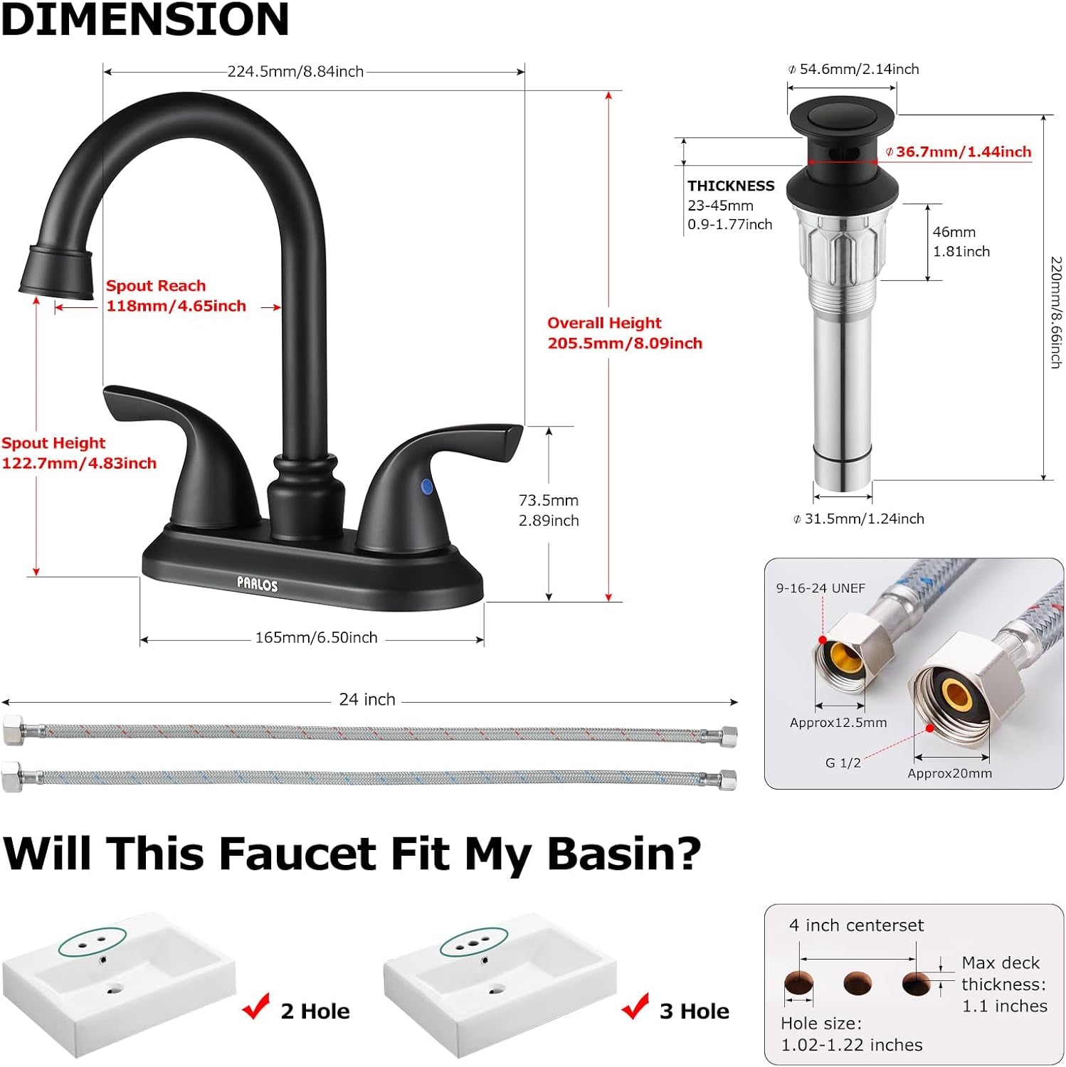 2-Handle Bathroom Faucet with Metal Drain Assembly & Supply Lines NSF Cupc Certified, Matte Black, 1359104
