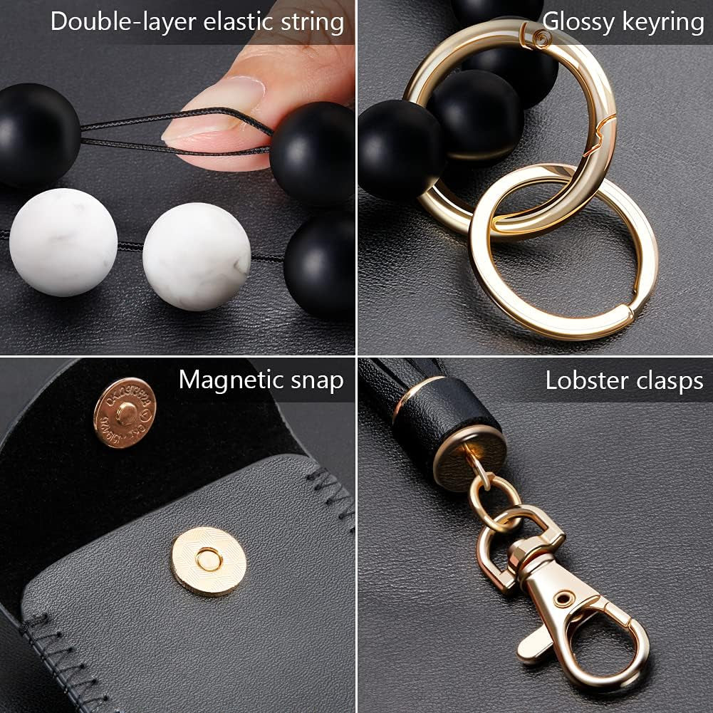 Keychain Bracelet Wristlet, Silicone Beaded Key Ring Bracelet with Card Wallet, Elastic Keyring Bangle for Womens