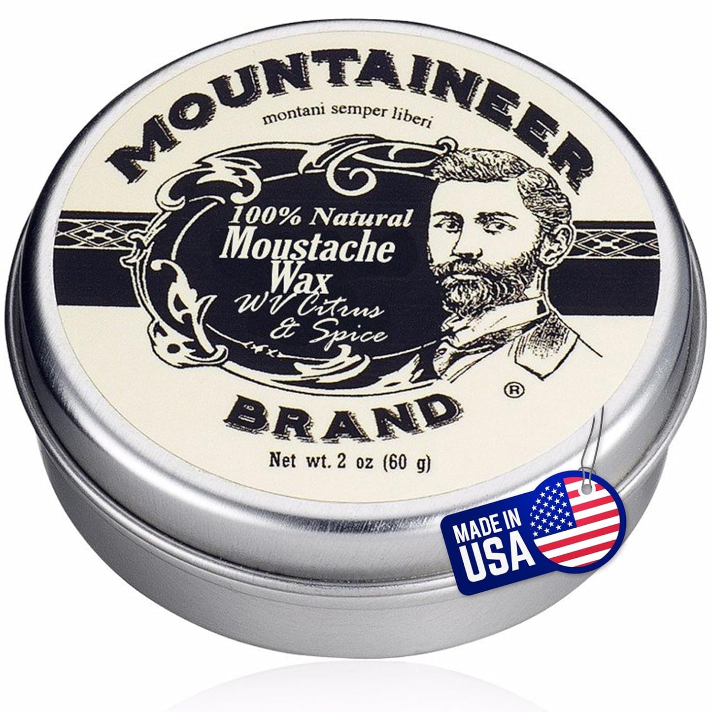 Natural Mustache Wax | Citrus & Spice Scent | Made in West Virginia | Long Lasting Hold | Smooths, Conditons, Styles | Organic Moustache Balm | 2Oz